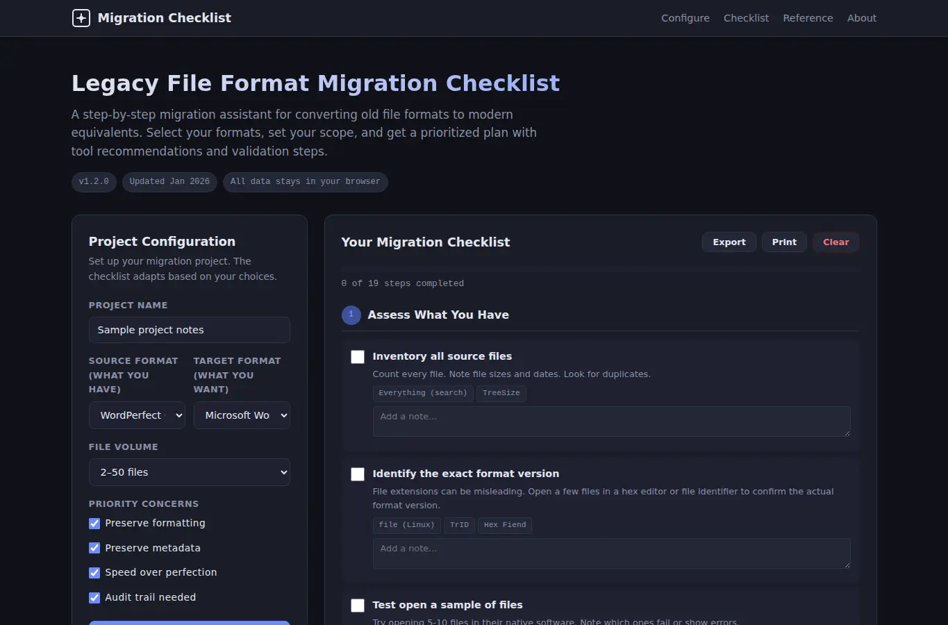 Screenshot of Legacy File Format Migration Checklist interface showing the project page in use